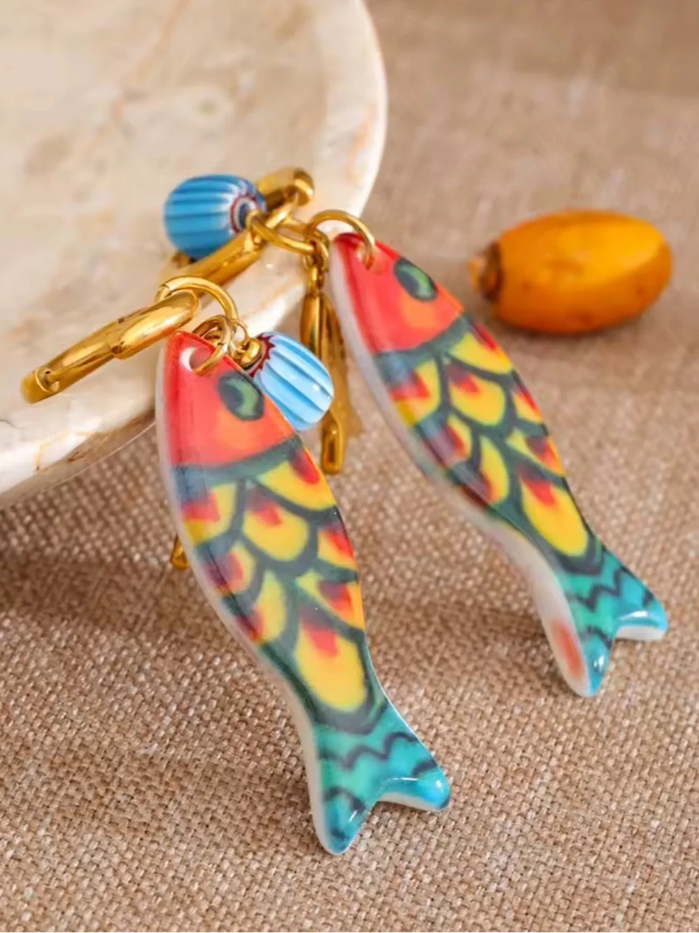 Amalfi Gold Fish Charm Blue Multicolor Ceramic Earrings